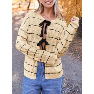 Saodimallsu Womens Striped Tie Front Cardigan Sweaters Crew Neck Long Sleeve Cable Knit Bow Knot Trendy Sweater Tops Beige