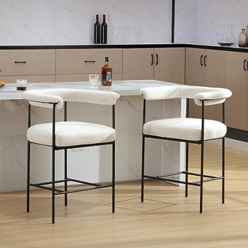 HEAH-YO Modern Sherpa Bar Stools Set of 2, 26 Inches Counter Stools with Back Boucle Upholstered Bar...
