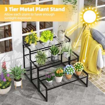Simple Trending 3 Tier Metal Plant Stand for Indoor Outdoor Use, Waterproof and Stackable