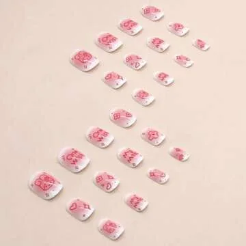 Generic 24PCS Pink Rabbit Short Press on Nails,Pink Press on Nails Short for Girls and Women,Fake Nails Kit with Glue Jelly Glue Stick Mini File and Wet Wipes