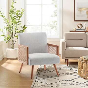 SHINEBOOM Accent Chair with Rattan Arms, Upholstered Mid Century Modern Chair for Bedroom Living Room Reading Chairs Rattan Armchair, Linen Comfy Lounge Chairs Side Chair, Beige