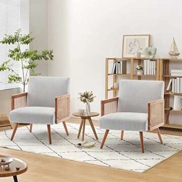 SHINEBOOM Accent Chair with Rattan Arms, Upholstered Mid Century Modern Chair for Bedroom Living Room Reading Chairs Rattan Armchair, Linen Comfy Lounge Chairs Side Chair, Beige