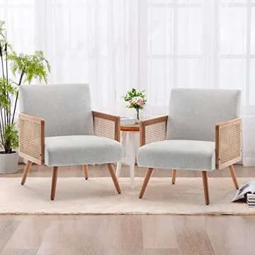 SHINEBOOM Accent Chair with Rattan Arms, Upholstered Mid Century Modern Chair for Bedroom Living Room Reading Chairs Rattan Armchair, Linen Comfy Lounge Chairs Side Chair, Beige