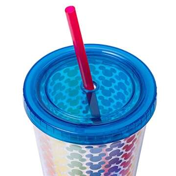 Silver Buffalo Disney Pride Rainbow Pattern Plastic Cold Cup w/Lid and Straw, 16-Ounce