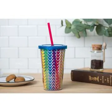 Silver Buffalo Disney Pride Rainbow Pattern Plastic Cold Cup w/Lid and Straw, 16-Ounce