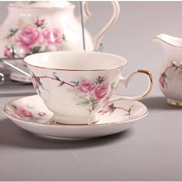 ufengke 15 Piece European Bone China Service Coffee Set Wiht Metal Holder,Pink Camellia Printing Vin...