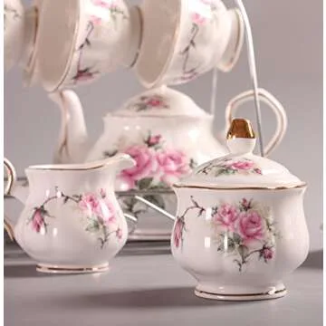 ufengke 15 Piece European Bone China Service Coffee Set Wiht Metal Holder,Pink Camellia Printing Vintage Floral Tea Set,For Wedding And Household