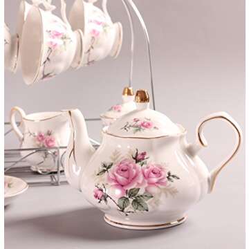 ufengke 15 Piece European Bone China Service Coffee Set Wiht Metal Holder,Pink Camellia Printing Vintage Floral Tea Set,For Wedding And Household