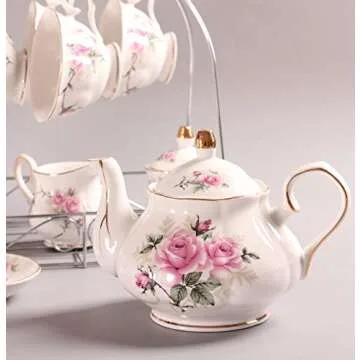 ufengke 15 Piece European Bone China Service Coffee Set Wiht Metal Holder,Pink Camellia Printing Vintage Floral Tea Set,For Wedding And Household
