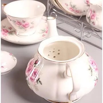 ufengke 15 Piece European Bone China Service Coffee Set Wiht Metal Holder,Pink Camellia Printing Vintage Floral Tea Set,For Wedding And Household