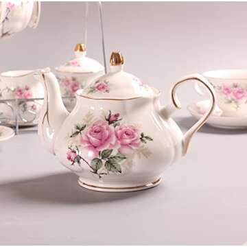 ufengke 15 Piece European Bone China Service Coffee Set Wiht Metal Holder,Pink Camellia Printing Vintage Floral Tea Set,For Wedding And Household