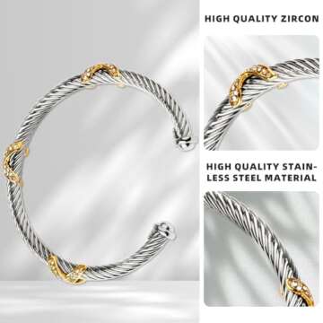 QIAOZILI Twisted Cable Wire Cuff Bracelet - Adjustable Steel Jewelry