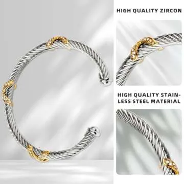 QIAOZILI Twisted Cable Wire Cuff Bracelet - Adjustable Steel Jewelry