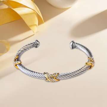 QIAOZILI Twisted Cable Wire Cuff Bracelet - Adjustable Steel Jewelry