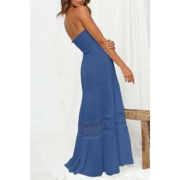 ZESICA Women's Summer Bohemian Strapless Off Shoulder Lace Trim Backless Flowy A Line Beach Long Maxi Dress,Blue,Small