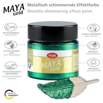 Viva Decor Maya Gold (Emerald) 1.52 Fl Oz - Shiny metallic acrylic paint for creative works on wood, glass, and porcelain. Impact-resistant, smudge-proof, and weatherproof for long-lasting results