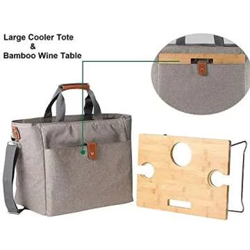 INNO STAGE 40L Large Insulated Cooler Tote, XL Portable Wine Carrier Bag Picnic Cooler Bag with Portable Bamboo Wine Snack Table with 2 Positions - Best