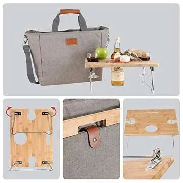 INNO STAGE 40L Large Insulated Cooler Tote, XL Portable Wine Carrier Bag Picnic Cooler Bag with Portable Bamboo Wine Snack Table with 2 Positions - Best