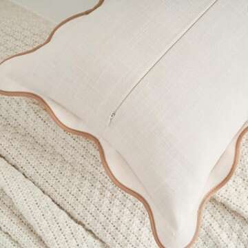 Mayler Yee Scalloped Throw Pillow Covers Set of 2 for Living Room, Soft Cotton & Cozy Linen, Boho Sytle Decorative Home (Beige & Khaki, 12x20 Inch)