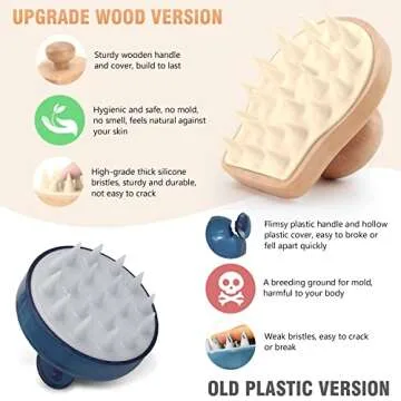 Scalp Massager Shampoo Brush, Wooden Wet and Dry Hair Scalp Care Brush, Shower Brush Scalp Scrubber Exfoliator with Soft Silicone Bristles for Dandruff Removal, Hair Growth (Beige)