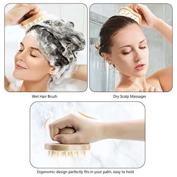 Scalp Massager Shampoo Brush, Wooden Wet and Dry Hair Scalp Care Brush, Shower Brush Scalp Scrubber Exfoliator with Soft Silicone Bristles for Dandruff Removal, Hair Growth (Beige)