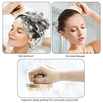 Scalp Massager Shampoo Brush, Wooden Wet and Dry Hair Scalp Care Brush, Shower Brush Scalp Scrubber Exfoliator with Soft Silicone Bristles for Dandruff Removal, Hair Growth (Beige)
