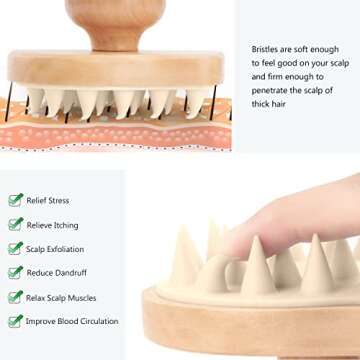 Scalp Massager Shampoo Brush, Wooden Wet and Dry Hair Scalp Care Brush, Shower Brush Scalp Scrubber Exfoliator with Soft Silicone Bristles for Dandruff Removal, Hair Growth (Beige)