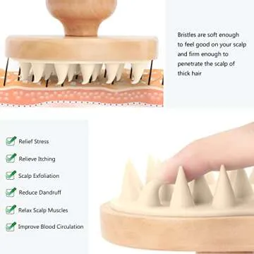 Scalp Massager Shampoo Brush, Wooden Wet and Dry Hair Scalp Care Brush, Shower Brush Scalp Scrubber Exfoliator with Soft Silicone Bristles for Dandruff Removal, Hair Growth (Beige)