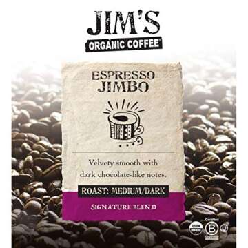 Jim’s Organic Coffee – Espresso Jimbo Blend – Medium/Dark Roast, Whole Bean, 11 oz Bag