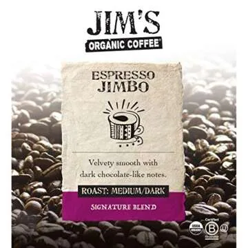 Jim’s Organic Coffee – Espresso Jimbo Blend – Medium/Dark Roast, Whole Bean, 11 oz Bag