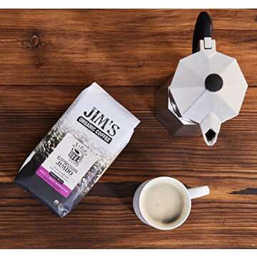 Jim’s Organic Coffee – Espresso Jimbo Blend – Medium/Dark Roast, Whole Bean, 11 oz Bag