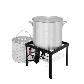Creole Feast 80 Qt Seafood Boiling Kit with Strainer and Burner for Outdoor Cooking