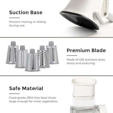 X Home 5-in-1 Rotary Cheese Grater for Kitchen, Upgraded Hand Crank Shredder with Stronger Suction Base & Multifunctional Drum Blades, for Cheese, Vegetables and Nuts, Easy to Use and Clean, White