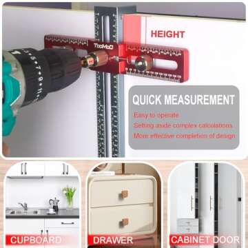 TOOMOD Cabinet Hardware Jig，Adjustable Cabinet Handle Template Tool for Drawer Handles, Pulls, and Knobs with Drilling Depth Gauge (inch & mm), Punch Locator Drill Guide and Alignment Hole