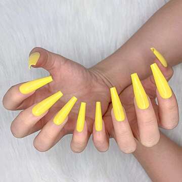 Artquee 24pcs Yellow Pure Color Ballerina Long Coffin Glossy Fake Nails Press on Nail False Tips Man...