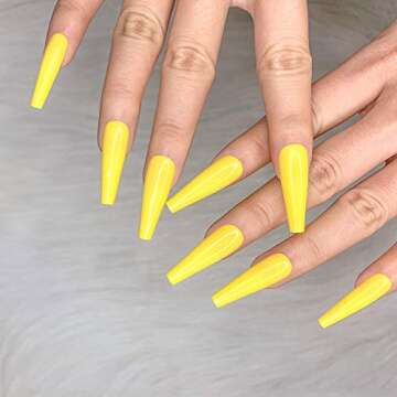 Artquee 24pcs Yellow Pure Color Ballerina Long Coffin Glossy Fake Nails Press on Nail False Tips Manicure for Women (CB-15)