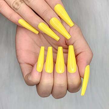 Artquee 24pcs Yellow Pure Color Ballerina Long Coffin Glossy Fake Nails Press on Nail False Tips Manicure for Women (CB-15)