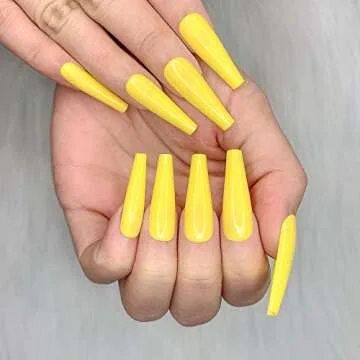 Artquee 24pcs Yellow Pure Color Ballerina Long Coffin Glossy Fake Nails Press on Nail False Tips Manicure for Women (CB-15)