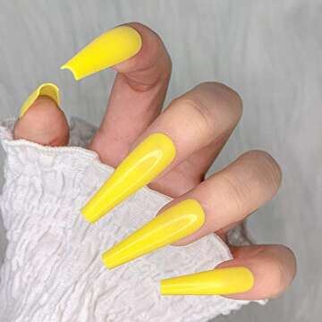 Artquee 24pcs Yellow Pure Color Ballerina Long Coffin Glossy Fake Nails Press on Nail False Tips Manicure for Women (CB-15)