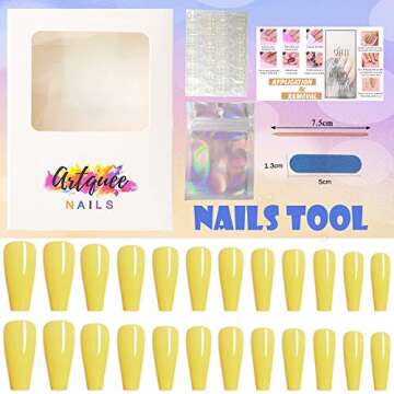 Artquee 24pcs Yellow Pure Color Ballerina Long Coffin Glossy Fake Nails Press on Nail False Tips Manicure for Women (CB-15)