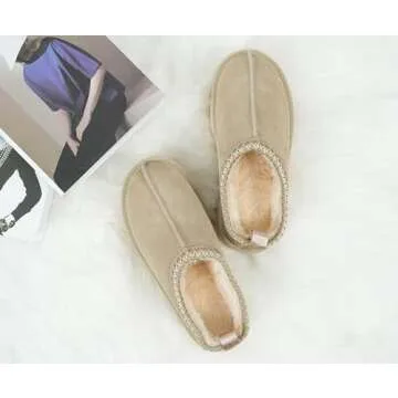 SMajong Women Winter Snow Boots Thickened Flat Boots Fur Lined Warm Durable Shoes Home Slippers Casual Shoes Beige 10.5 US (sole size 43)