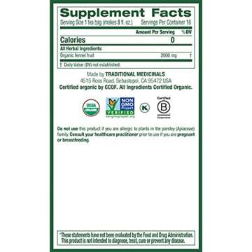 Traditional Medicinals Organic Fennel Herbal Tea, Promotes Digestive Health, (Pack of 1) - 16 Tea Bags