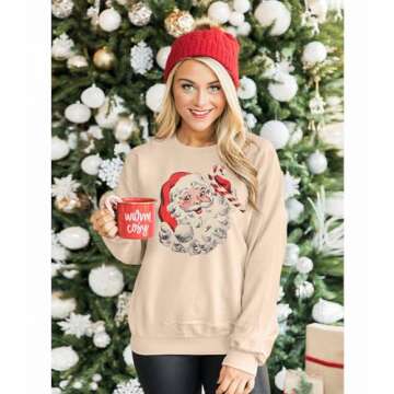 Women Christmas Sweatshirt Retro Santa Claus Graphic Pullover Vintage Crewneck Long Sleeve Casual Xmas Holidays Tops(Apricot, M)