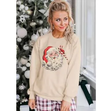 Women Christmas Sweatshirt Retro Santa Claus Graphic Pullover Vintage Crewneck Long Sleeve Casual Xmas Holidays Tops(Apricot, M)