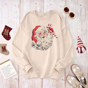 Women Christmas Sweatshirt Retro Santa Claus Graphic Pullover Vintage Crewneck Long Sleeve Casual Xmas Holidays Tops(Apricot, M)