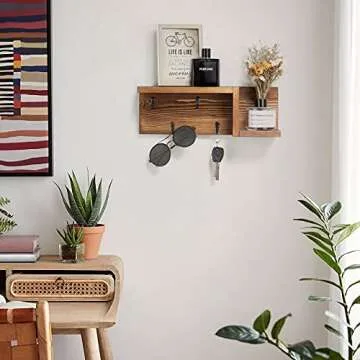 AKKO Wooden Key Holder for Wall Decorative Mail and Key Holder Organizer with 4 Key Hooks and “Z” Shape Wall Mount Floating Shelf,Rustic Home Decor for Wall, Entryway, Mudroom, Bathroom