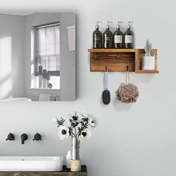 AKKO Wooden Key Holder for Wall Decorative Mail and Key Holder Organizer with 4 Key Hooks and “Z” Shape Wall Mount Floating Shelf,Rustic Home Decor for Wall, Entryway, Mudroom, Bathroom