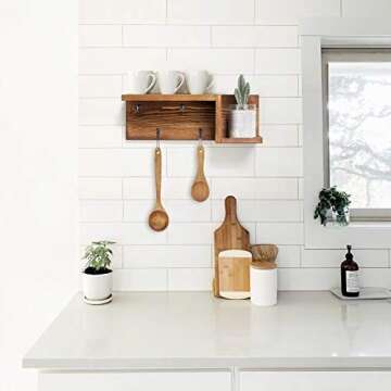 AKKO Wooden Key Holder for Wall Decorative Mail and Key Holder Organizer with 4 Key Hooks and “Z” Shape Wall Mount Floating Shelf,Rustic Home Decor for Wall, Entryway, Mudroom, Bathroom