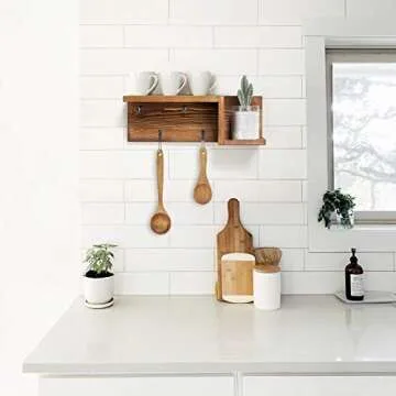 AKKO Wooden Key Holder for Wall Decorative Mail and Key Holder Organizer with 4 Key Hooks and “Z” Shape Wall Mount Floating Shelf,Rustic Home Decor for Wall, Entryway, Mudroom, Bathroom