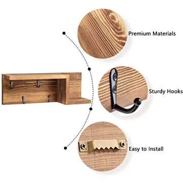 AKKO Wooden Key Holder for Wall Decorative Mail and Key Holder Organizer with 4 Key Hooks and “Z” Shape Wall Mount Floating Shelf,Rustic Home Decor for Wall, Entryway, Mudroom, Bathroom